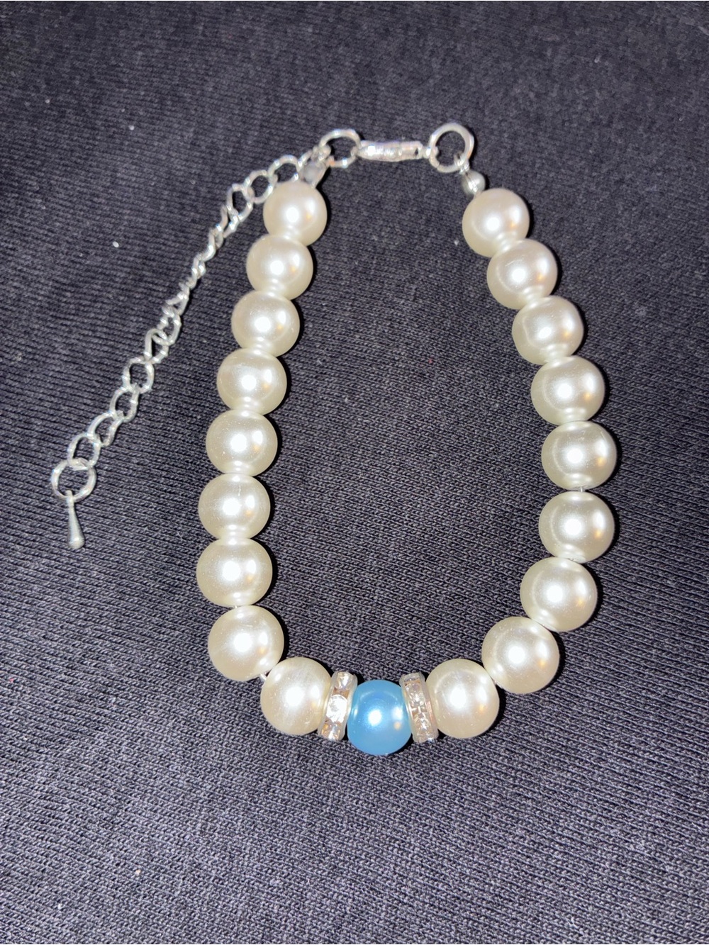 Bride to be. Elegant Pearl Like Bracelet with Blue Accent Bead